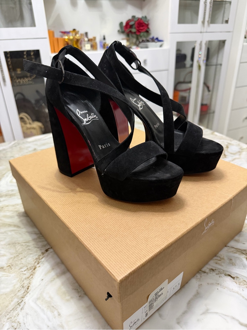 Christian Louboutin Black Suede Platform Sandals with Red Sole